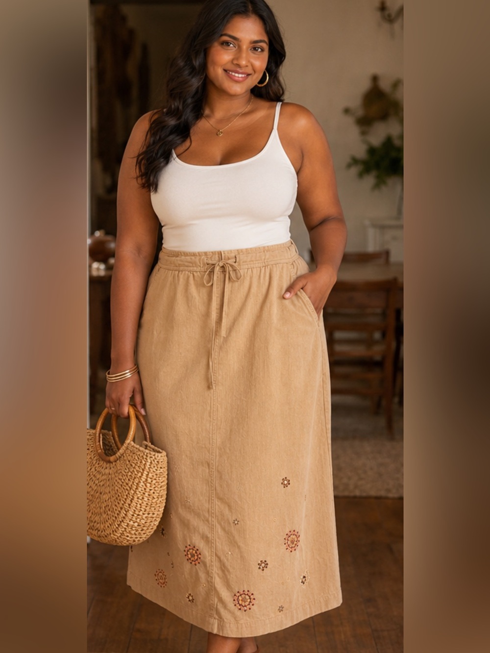 Embroidered Drawstring Maxi Skirt in Beige-Tan NWOT
